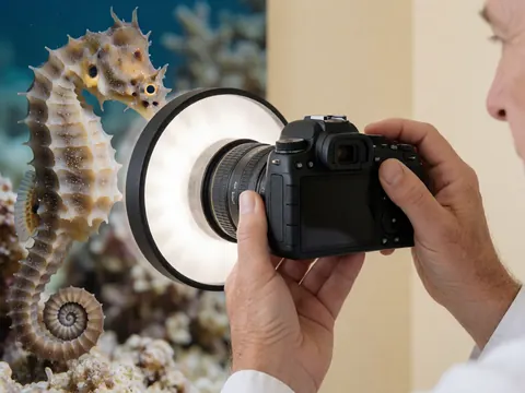 Photographe sous-marin tenant une caméra équipée d'un diffuseur, capturant un hippocampe dans son habitat aquatique avec un fond de corail et une lumière douce.