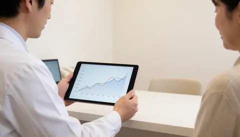 Médecin en blouse blanche montre un graphique d'amélioration sur une tablette à un client assis dans un bureau de clinique moderne aux murs blancs