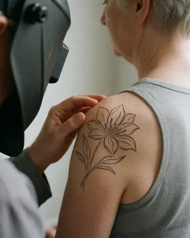 Un tatoueur portant un casque de soudeur sur l'épaule applique un tatouage floral sur l'épaule d'un client devant des murs gris clair.