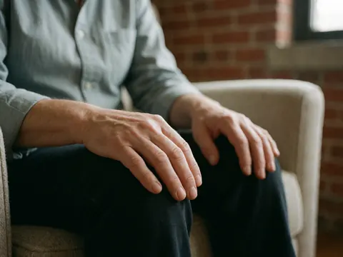 Mains d'un client posées sur une chaise confortable devant un mur de briques avec une lumière naturelle dans un contexte de thérapie.
