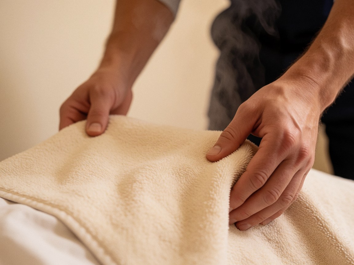 Des mains déposent une serviette chaude et humide sur une surface plane, dans un environnement neutre et apaisant, adapté aux soins de bien-être.