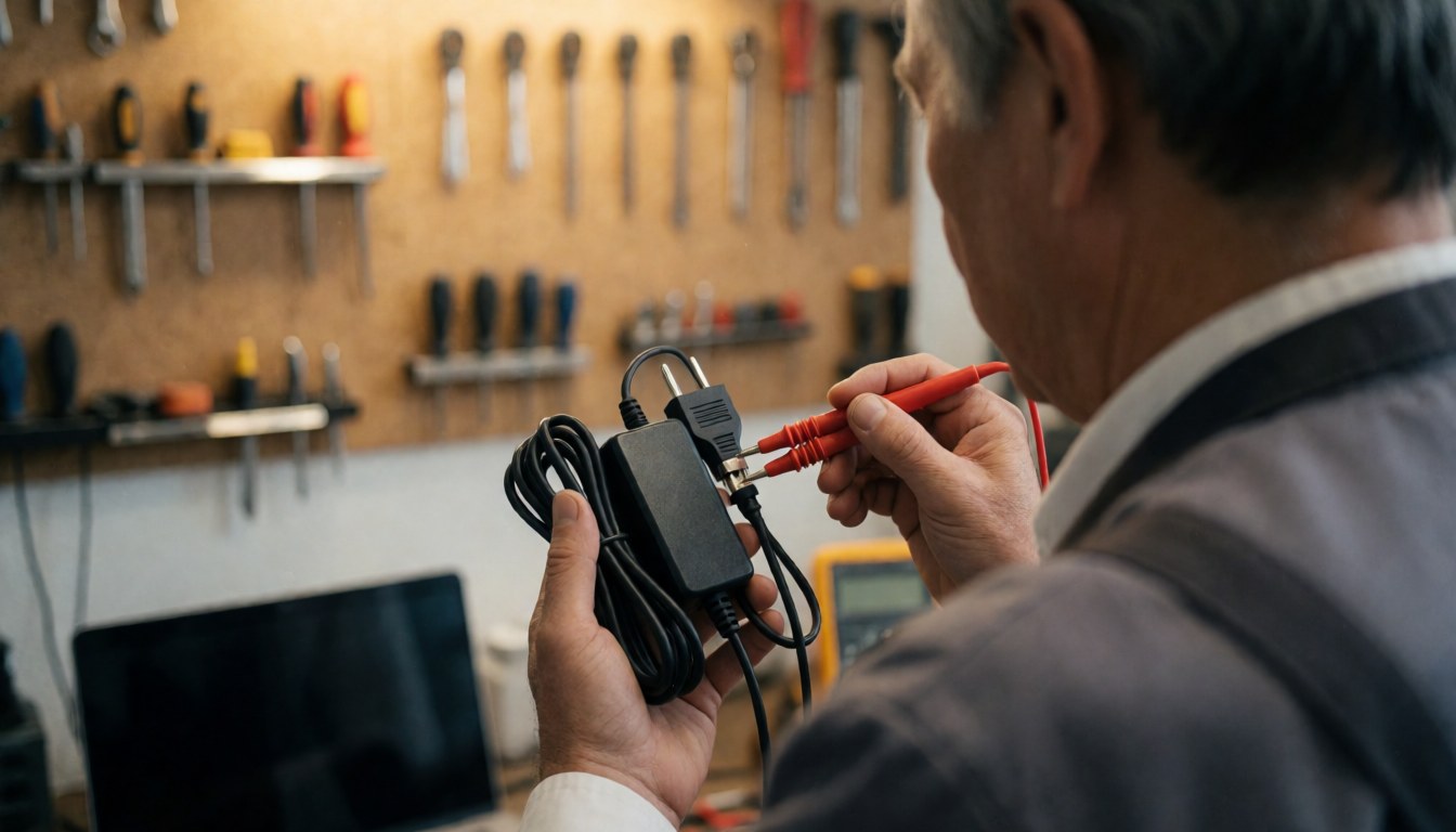 Un technicien examine un chargeur d'ordinateur portable à l'aide d'un multimètre dans un atelier de réparation avec des outils en arrière-plan.