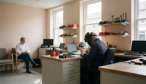Un atelier de réparation avec un client assis et un technicien travaillant avec des outils sur des étagères, des murs beige et une lumière naturelle.