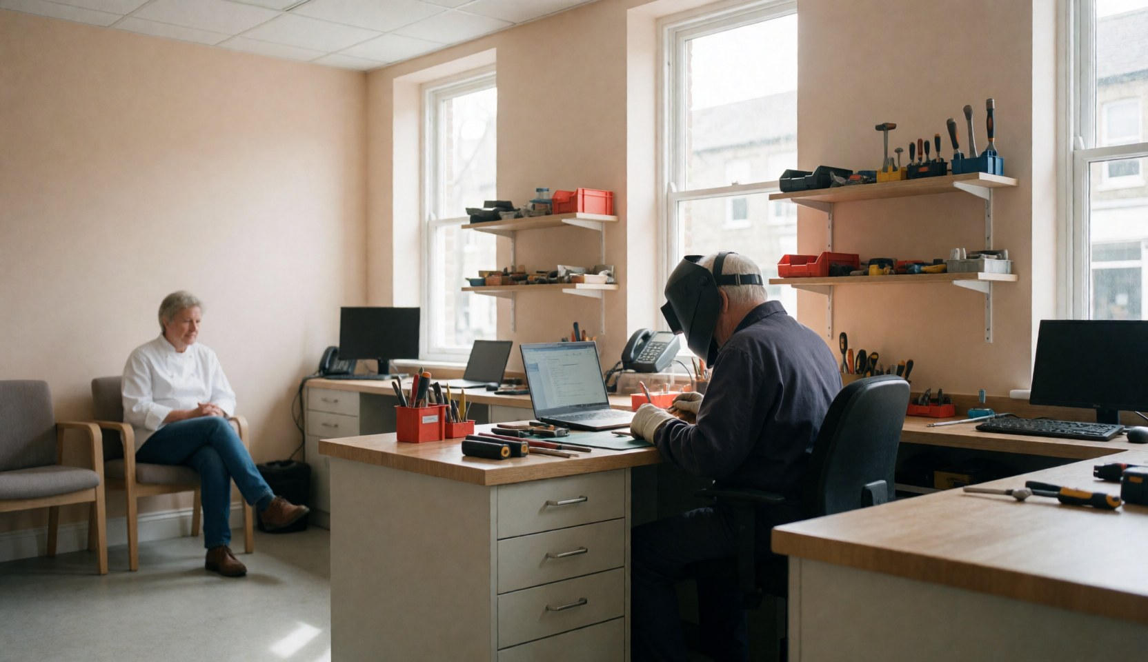 Un atelier de réparation avec un client assis et un technicien travaillant avec des outils sur des étagères, des murs beige et une lumière naturelle.