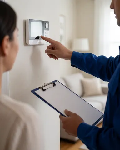 Un technicien en uniforme bleu pose un thermostat numérique sur un mur. Un client observe la scène en tenant un classeur, dans un salon.
