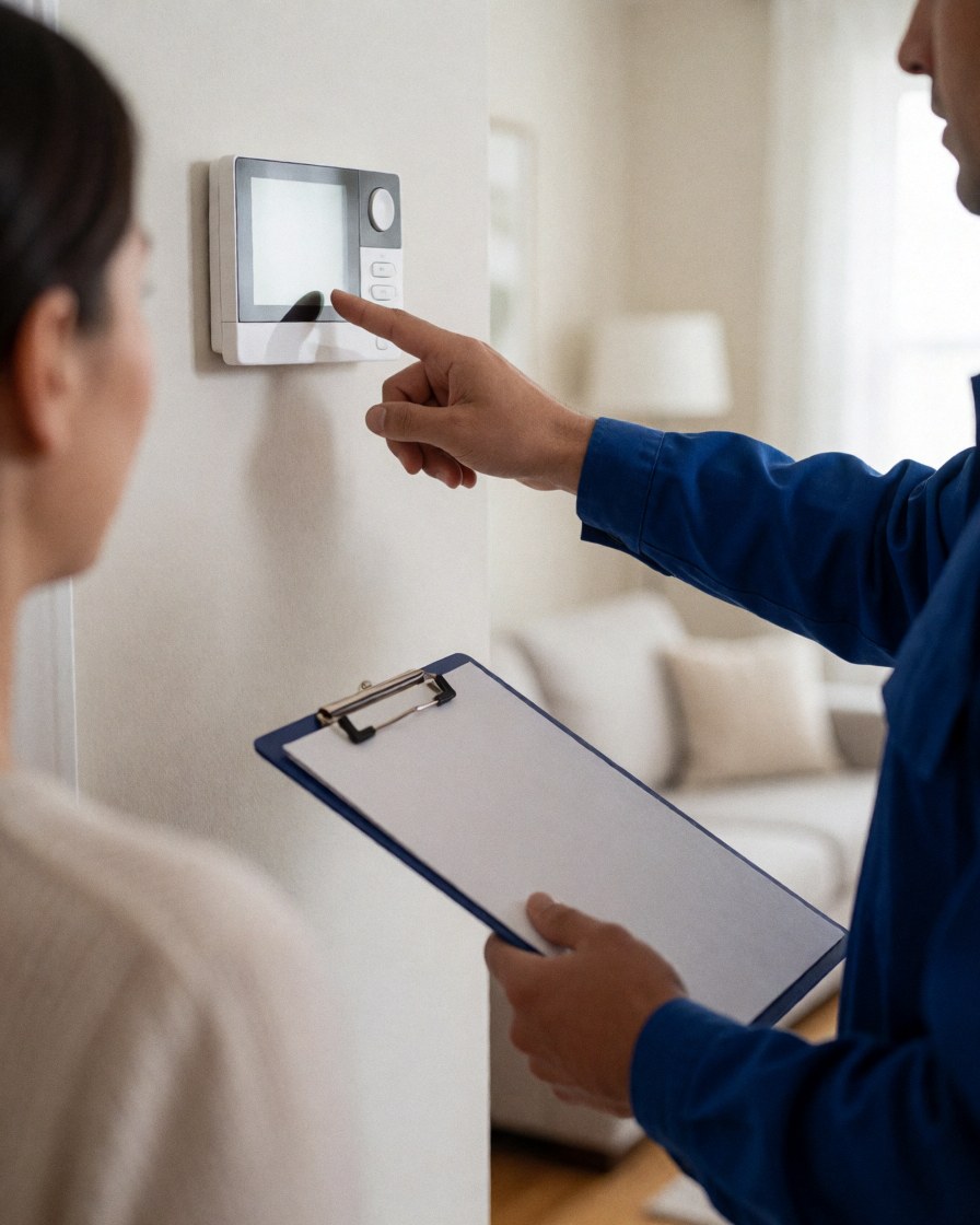 Un technicien en uniforme bleu pose un thermostat numérique sur un mur. Un client observe la scène en tenant un classeur, dans un salon.