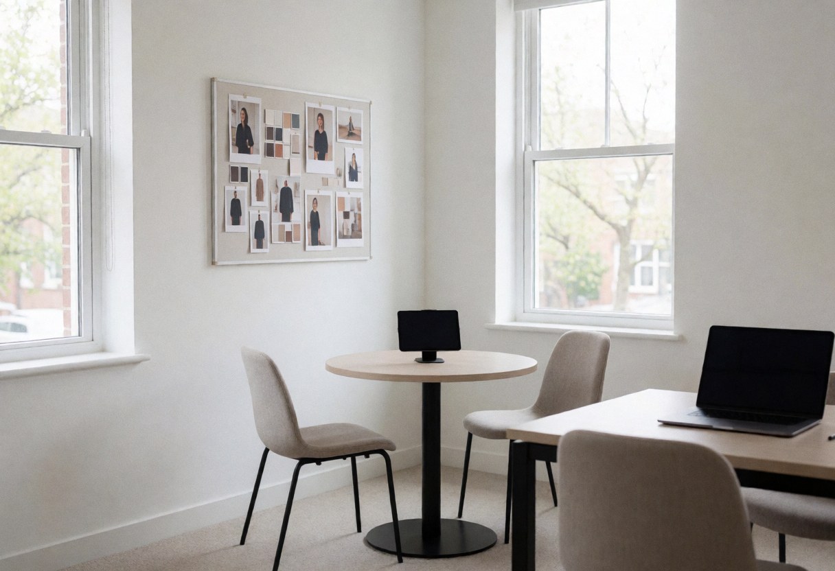 Studio de mode avec table ronde, chaises, tablette et planche d'ambiance affichant des tenues, idéal pour des consultations de style.
