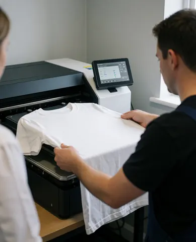 Un technicien insère un t-shirt blanc dans une imprimante DTG avec un panneau de contrôle actif, des murs gris clair et un client partiellement visible dans un atelier de textile.