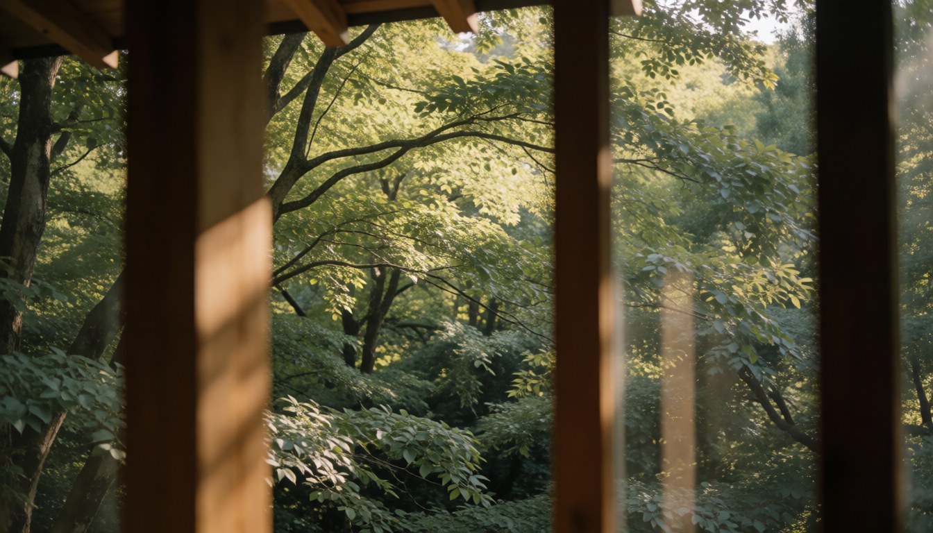 Vue à travers une structure en bois vers la cime des arbres verts avec une lumière tamisée, idéale comme arrière-plan pour du texte dans un parc d'aventure.