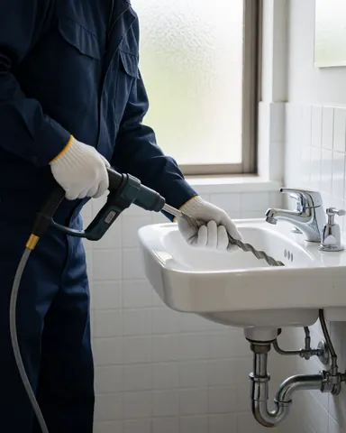 Un plombier avec des gants blancs utilise une perceuse pour déboucher une tuyauterie sous un lavabo blanc avec des tuyaux métalliques visibles.