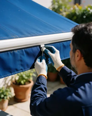 Un technicien portant des gants ajuste le guide d'un store bleu dans un patio avec des plantes, illustrant un service d'installation de stores en action.