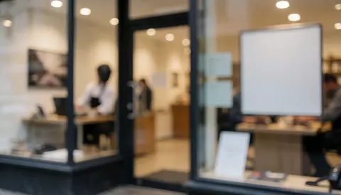 Arrière-plan flou d'entrée de magasin avec tables de travail et personnes, idéal pour texte de business