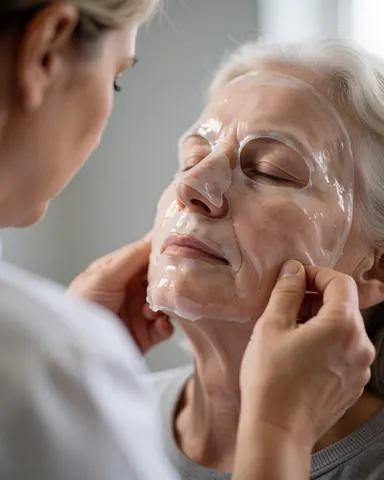 Une professionnelle applique un masque hydratant transparent sur le visage d'une cliente âgée aux yeux fermés dans un cadre relaxant à la lumière naturelle.
