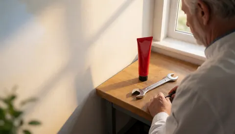 Un technicien travaille avec un tube de graisse rouge et une clé anglaise sur une table en bois près d'une fenêtre baignée de lumière naturelle dans un atelier de réparation de motos.