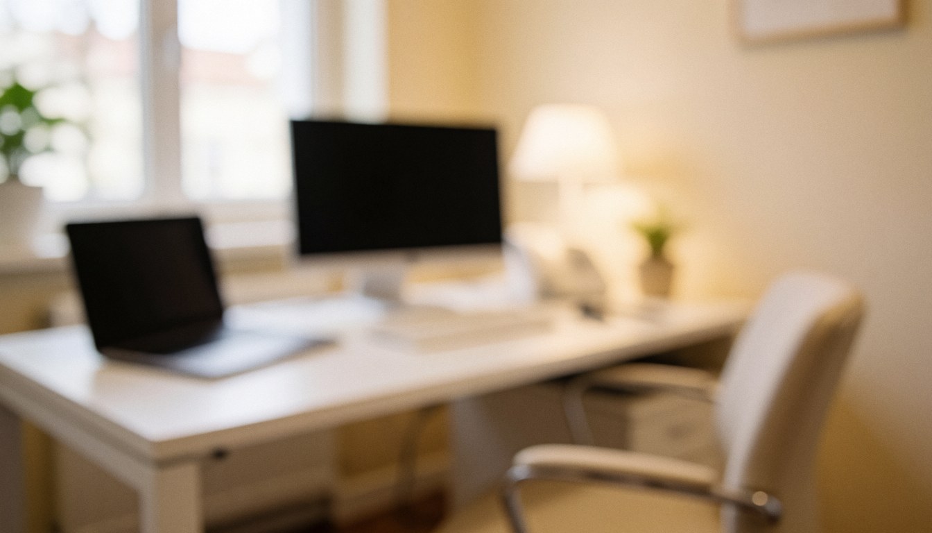 Intérieur d'un cabinet médical avec une table blanche, un écran, une chaise et une lumière naturelle, idéal pour les services de soin de la peau.