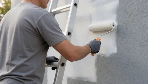 Un peintre professionnel applique de la peinture blanche avec un rouleau sur un mur en stuc gris, utilisant une échelle métallique et des gants de protection.