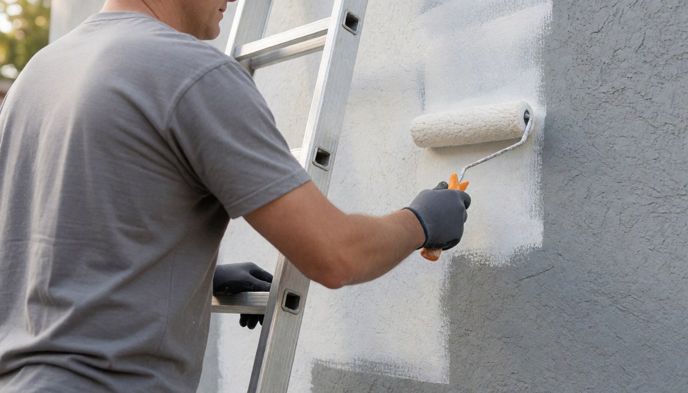 Un peintre professionnel applique de la peinture blanche avec un rouleau sur un mur en stuc gris, utilisant une échelle métallique et des gants de protection.