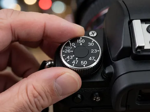 Doigts ajustant le cadran iso d'un appareil photo reflex sur fond flou de lumières, idéal pour un photographe d'événements.