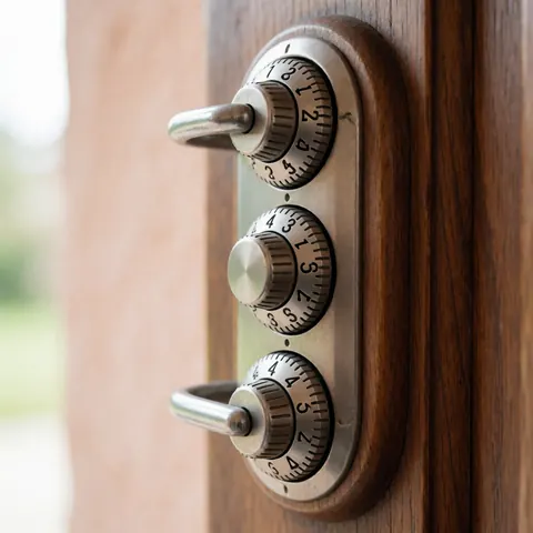 Cadenas combiné en bois avec trois cadrans métalliques, offrant une sécurité renforcée, idéal pour les professionnels de la réparation de serrures.