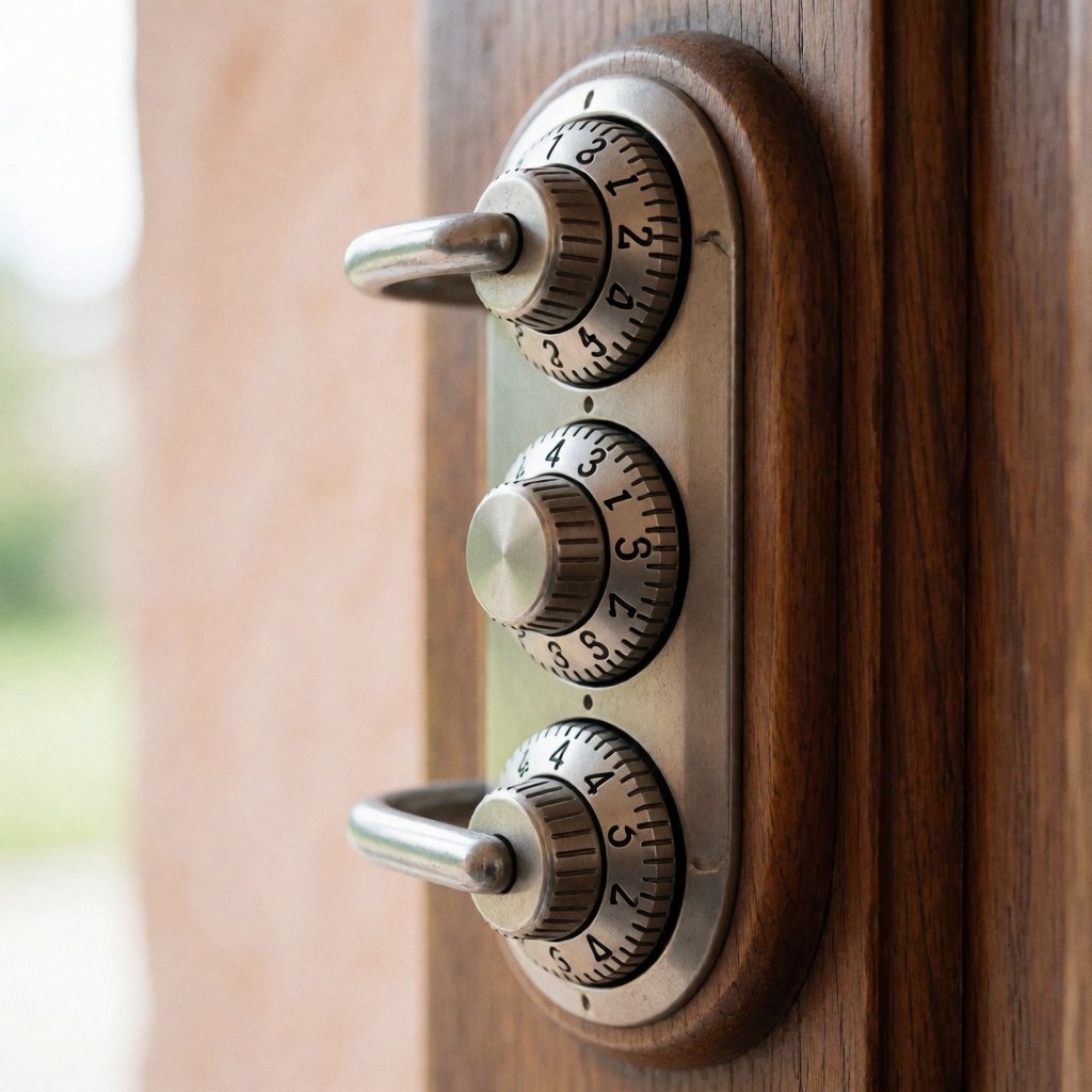 Cadenas combiné en bois avec trois cadrans métalliques, offrant une sécurité renforcée, idéal pour les professionnels de la réparation de serrures.