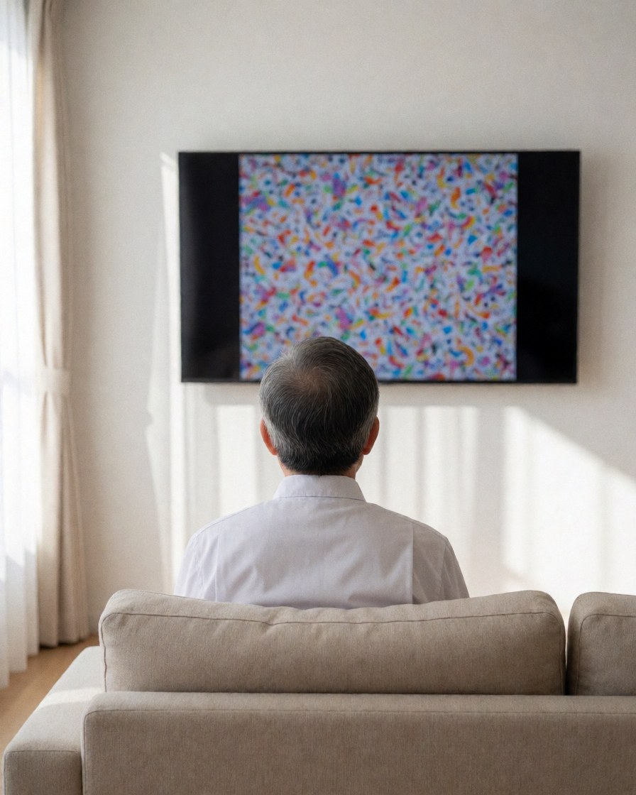 Un client observe un téléviseur de 65 pouces dans son salon, avec une lumière naturelle et un mur blanc, idéal pour la réparation de téléviseurs.