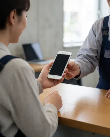 Un technicien remet un téléphone portable réparé à un client satisfait dans un atelier de réparation avec un éclairage naturel.