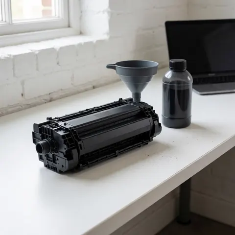 Cartouche de toner noir posée sur une table blanche avec un entonnoir et une bouteille de toner dans un atelier aux murs de briques blanches.