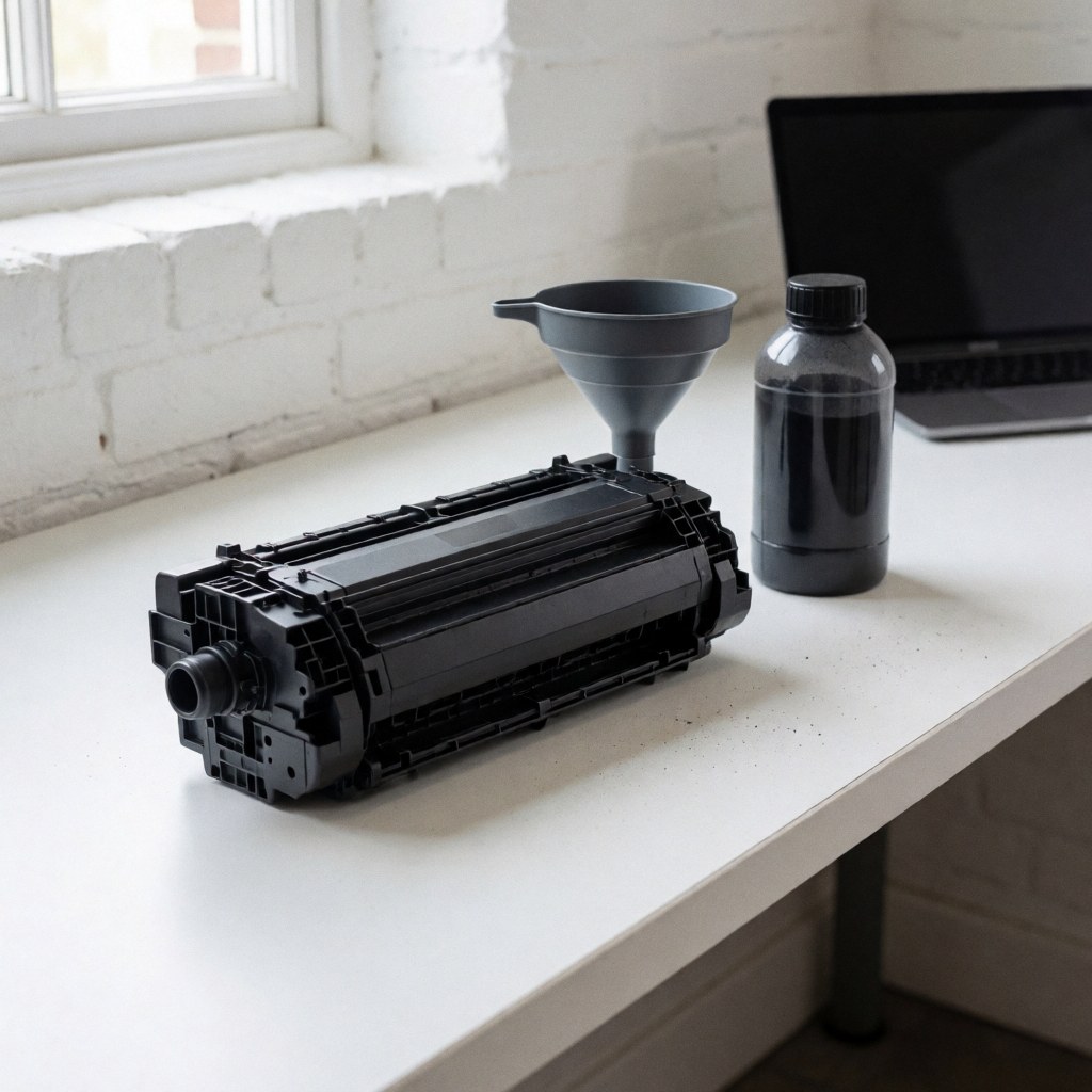 Cartouche de toner noir posée sur une table blanche avec un entonnoir et une bouteille de toner dans un atelier aux murs de briques blanches.