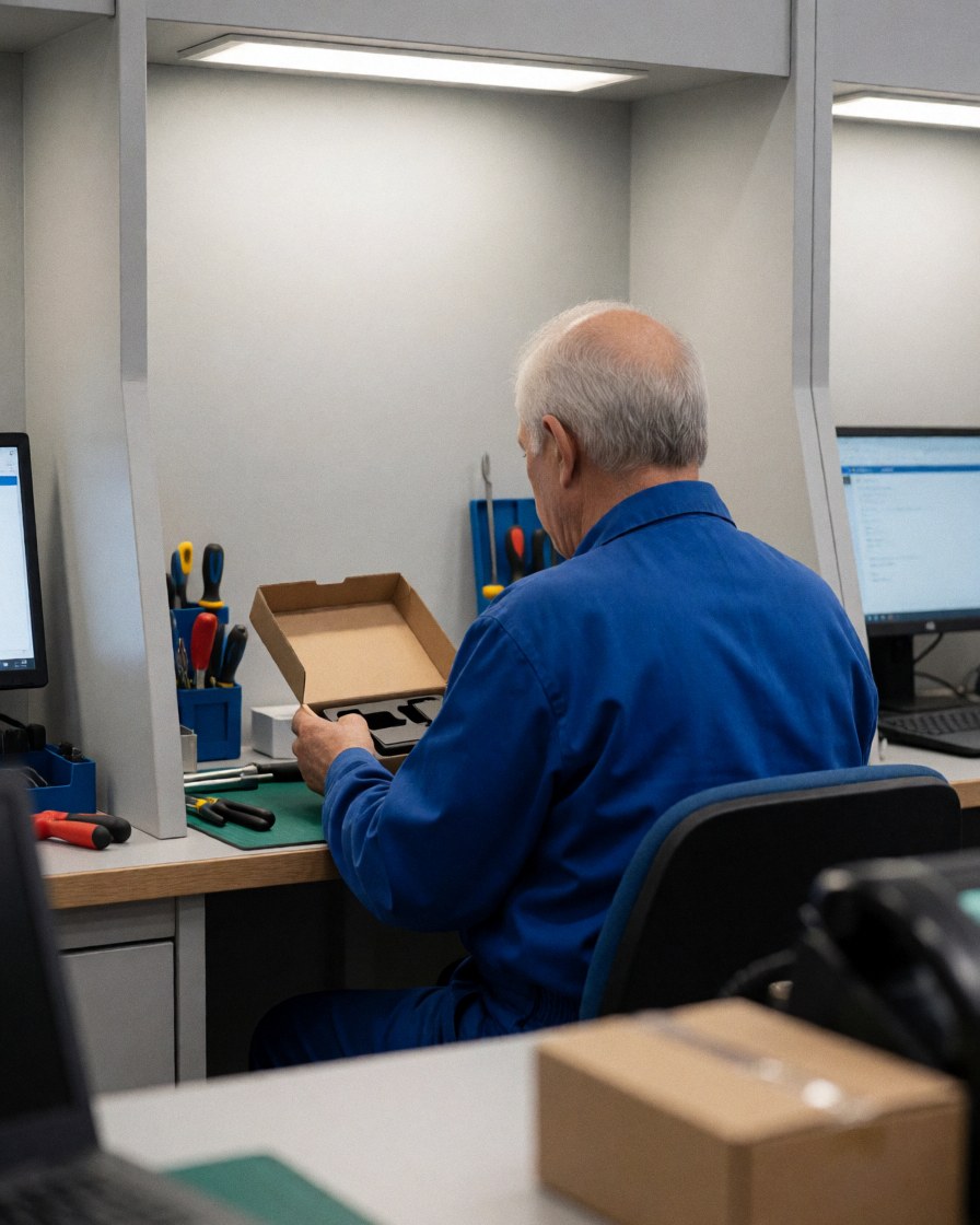 Un travailleur à son poste examine une boîte de produit, avec des outils et un ordinateur posés sur le bureau à côté de lui.