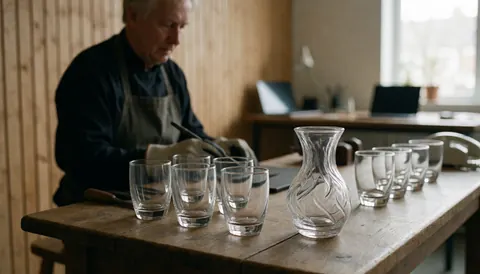Des tumbler en verre et un verre décoratif posés sur une table en bois rustique dans un atelier de verrerie aux murs en planches de bois.