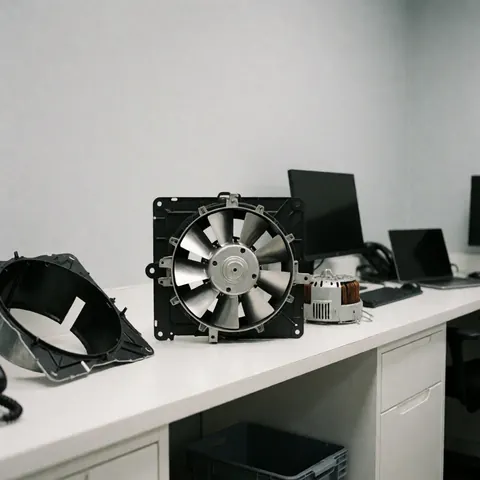 Moteur de ventilateur démonté posé sur une table blanche avec carcasse et bobine en cuivre visibles sur fond gris clair pour réparation d'appareils électroménagers