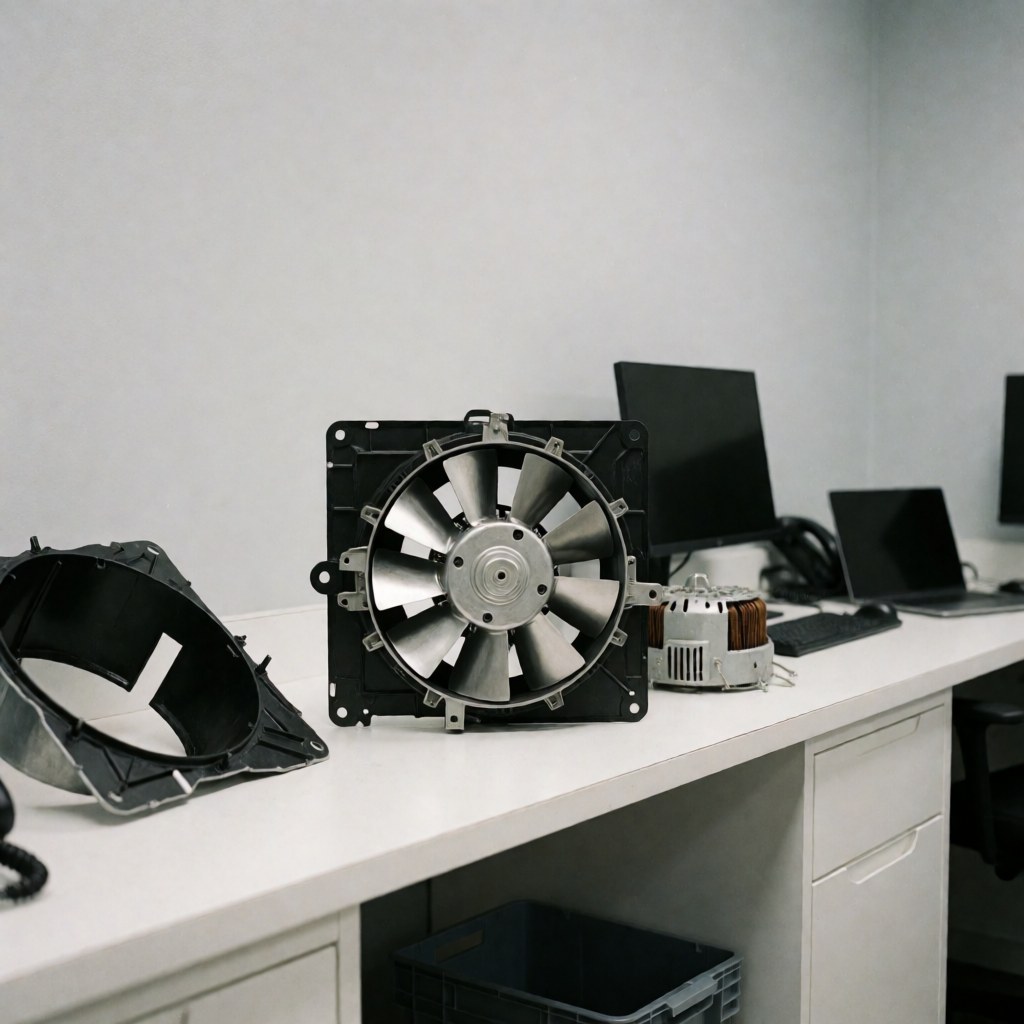 Moteur de ventilateur démonté posé sur une table blanche avec carcasse et bobine en cuivre visibles sur fond gris clair pour réparation d'appareils électroménagers