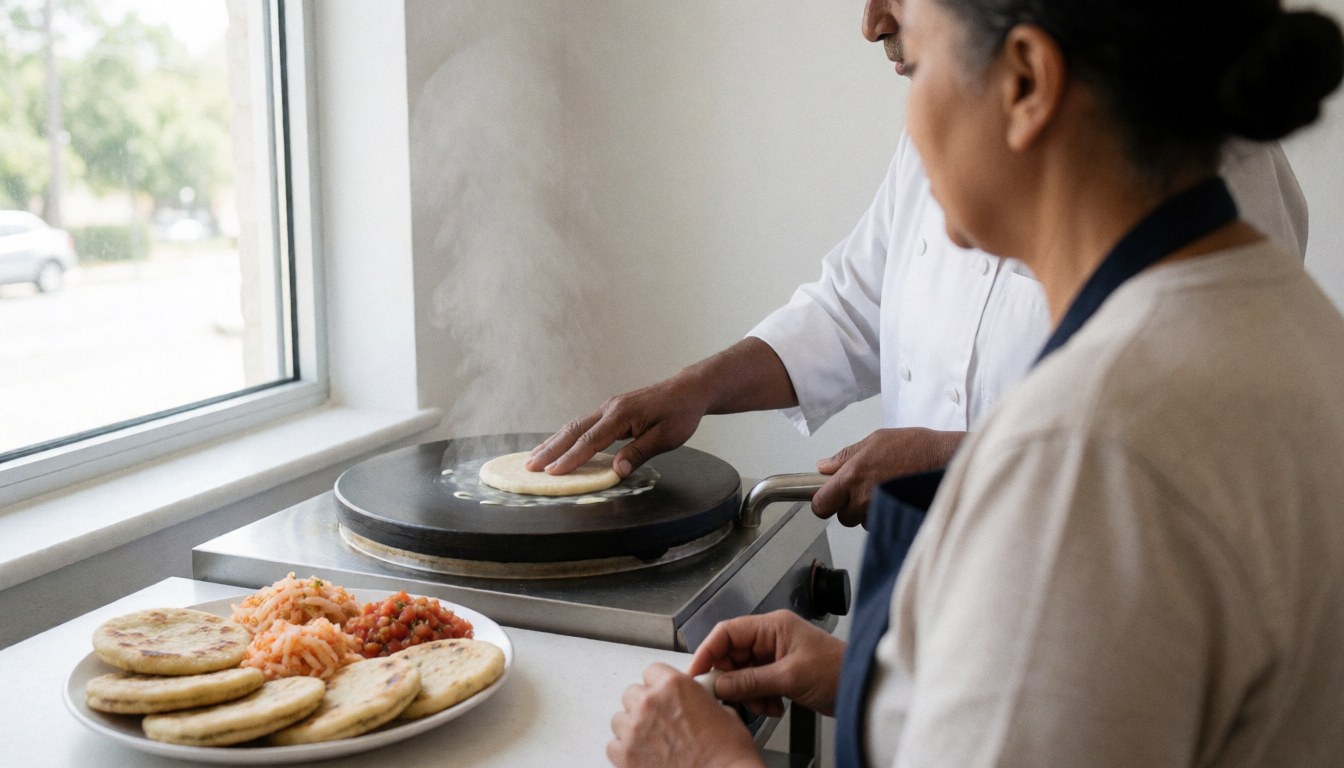 Une cuisinière place une pupusa sur un comal pendant qu'un client reçoit des pupusas accompagnées de curtido et de sauce tomate dans une assiette.