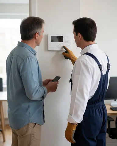 Un technicien en gants ajuste un panneau d'alarme blanc sur un mur intérieur pendant qu'un client regarde avec son téléphone en main