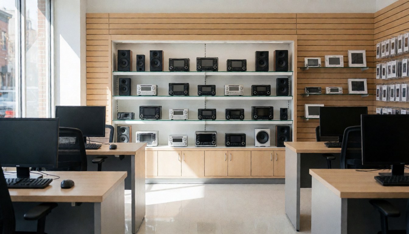Magasin d'accessoires automobiles présentant des étagères de produits, des bureaux avec ordinateurs et des murs en bois, dans un environnement propre et professionnel.