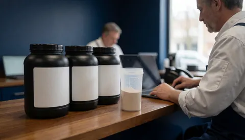 Trois pots de protéine noirs avec étiquettes blanches et un shaker contenant du poudre sur un comptoir en bois poli dans un gymnase aux murs bleus.
