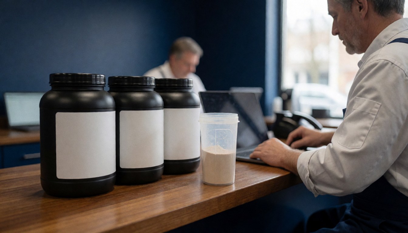 Trois pots de protéine noirs avec étiquettes blanches et un shaker contenant du poudre sur un comptoir en bois poli dans un gymnase aux murs bleus.