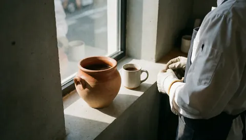 Tasse de café de olla posée sur le rebord d'une fenêtre baignée de lumière du matin, créant une ambiance chaleureuse et accueillante.
