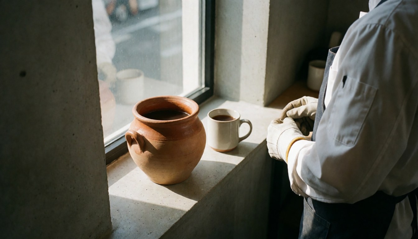 Tasse de café de olla posée sur le rebord d'une fenêtre baignée de lumière du matin, créant une ambiance chaleureuse et accueillante.