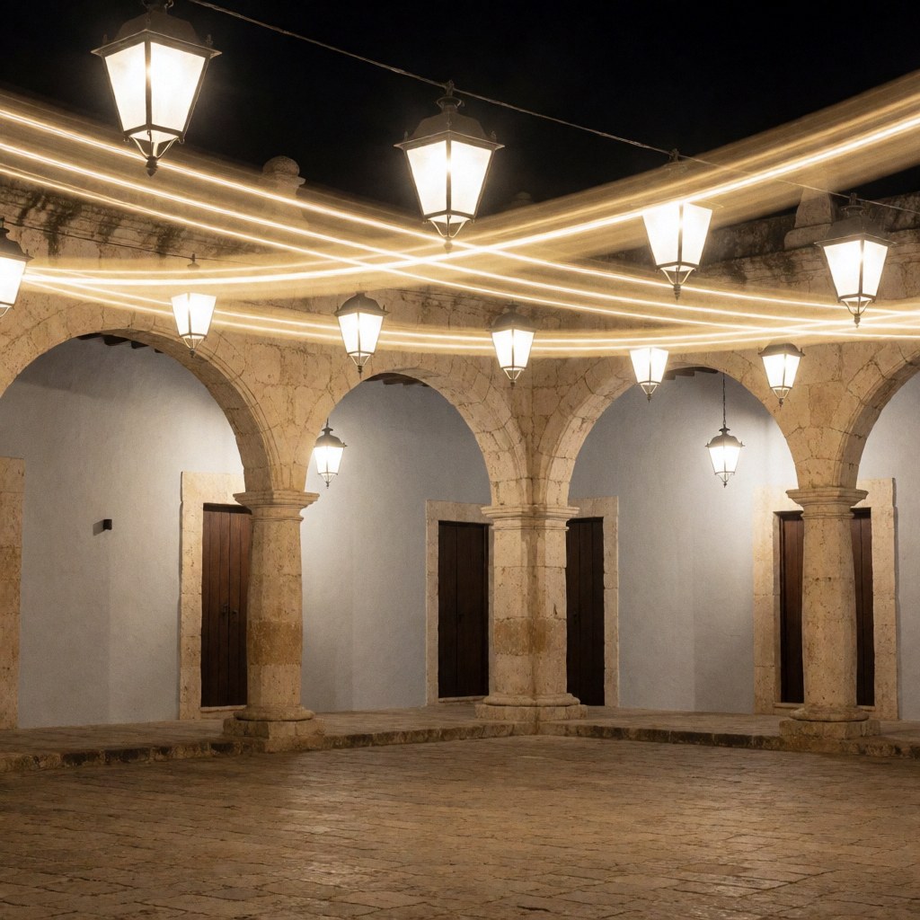 Place coloniale avec des arcs en pierre et des lanternes éclairées la nuit, idéale pour un fond de texte professionnel.