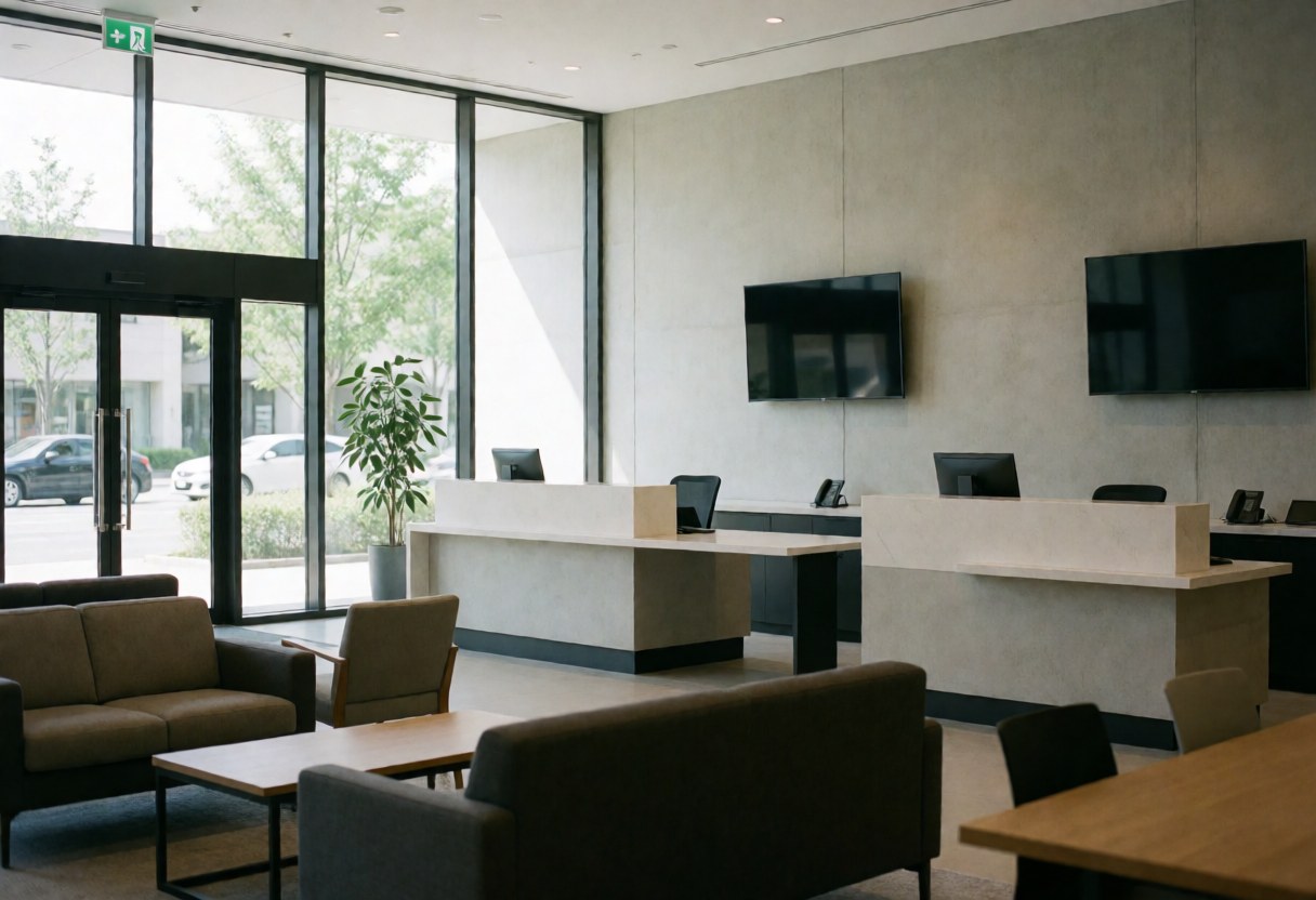 Espace de réception contemporain avec tables, sièges clients et grandes fenêtres laissant entrer la lumière naturelle, idéal pour un circuit automobile.