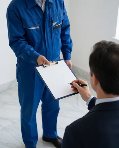 Un technicien en uniforme bleu remet un document à un client dans un hall au sol en marbre blanc, le client signe avec un stylo.