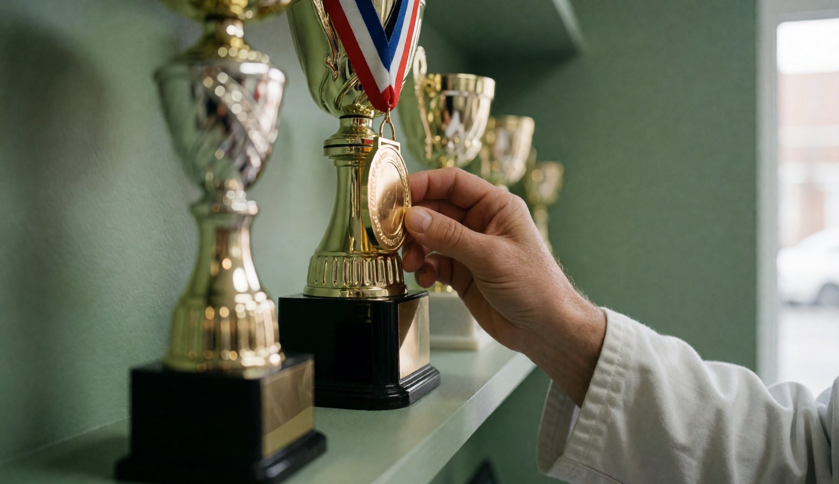 Main d'adulte touchant une médaille dorée sur un trophée de karaté, avec un gi blanc et un mur vert en arrière-plan.