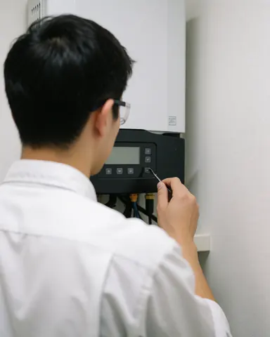 Technicien portant des lunettes de sécurité ajuste un onduleur solaire fixé sur un mur blanc, illustrant une intervention de maintenance sur un système photovoltaïque.