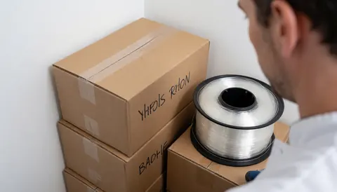 Un décorateur d'événements prépare des boîtes et une bobine de fil transparent sur fond blanc, prêt pour la mise en place.