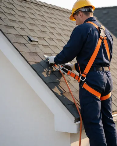 Un réparateur de toits portant un casque, des gants et un harnais de sécurité orange travaille sur une toiture en tuiles en plein soleil.