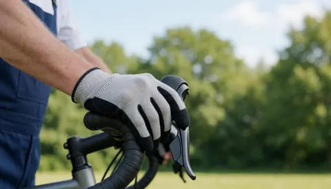 Gros plan d'une main portant un gant de cyclisme agrippant un guidon texturé sur un vélo, avec un arrière-plan de feuillage vert en extérieur sous lumière naturelle.