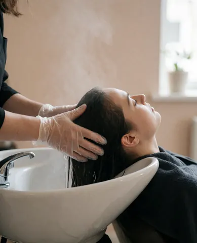 Un coiffeur portant des gants masse les cheveux humides d'une cliente assise dans un fauteuil de lavage avec de l'eau qui coule dans un lavabo blanc.