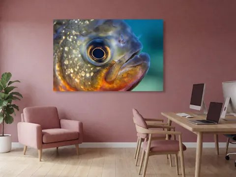 Gros plan d'un piranha sur un mur rose dans un bureau moderne avec chaises et ordinateurs