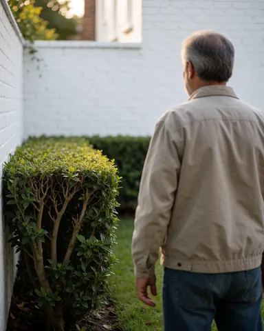 Un homme adulte regarde une haie bien entretenue dans un jardin résidentiel avec un mur de briques blanches et une douce lumière du coucher de soleil.